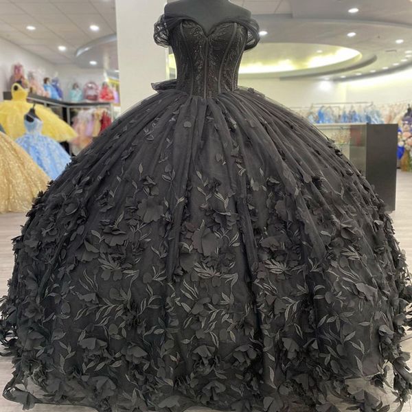 Noir hors de l'épaule Tulle Quinceanera robes 2023 princesse 3D fleurs perles doux 16 robe de bal Pageant fête à lacets