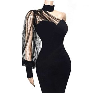 Black One Shoulder Dress Lange mouw Mesh Patchwork Bodycon Evening Party Transparante Vrouwen Gelegenheid Evenement Backless Jurken XXL 210527