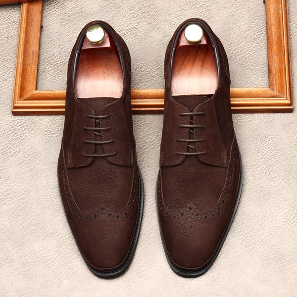 Chaussures Oxford noires pour hommes, Brogues en cuir suédé, chaussures formelles à lacets, en cuir véritable, pour mariage, affaires, robe de luxe