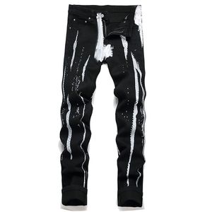 Peinture noire graffiti jean skinny rhinting pour hommes pantalon en denim de coton stretch