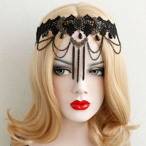 Diadema de encaje del palacio negro Reino Unido Retro Cadena de diamantes de imitación Tassel Princess Lace Hair Bands Creative Halloween Jewelry