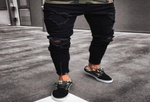Pantalon noir pour hommes trous de rock hip hop jeans déchirés motards slim fit zipper jean pantalon en détresse 4066142