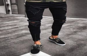 Pantalon noir pour hommes trous de rock hip hop en jeans déchiré par motard slim fit jean pantalon en détresse4898047