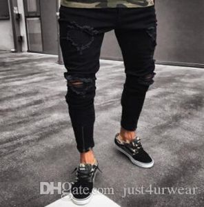 Pantalon noir pour hommes trous de rock hip hop bisip jean slim fit zipper jean pantalon en détresse8601490