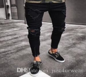 Pantalon noir pour hommes trous de rock hip hop en jean déchiré par motard slim fit jean pantalon en détresse 4318644