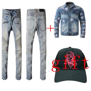 Zwarte broek mannen dames jeans jas met een hoed lange recht zwart blauw magny gescheurde vernietigde stretch slanke fit hiphop jean bovenkleding hoodie herfst sport hoodies