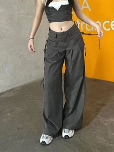Pantalon noir femme d'été hip hop pochets de street décontractés bandage mode pantalon droit des femmes