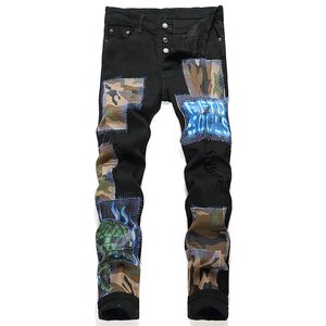 Pantalones vaqueros rasgados con parches negros para hombre, pantalones elásticos a la moda, pantalones cónicos ajustados estilo Punk Skull Devil Streetwear