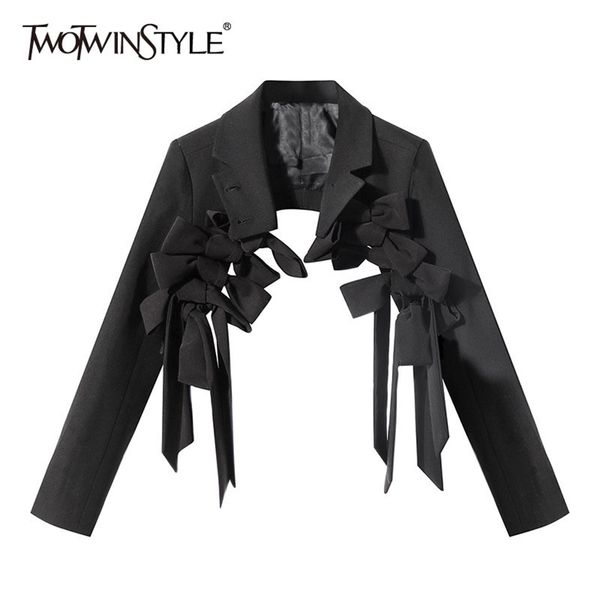 Noir Patchwork Bowknot Blazer Pour Femmes Entaillé À Manches Longues Casual Blazers Courts Femme Mode Vêtements 210524