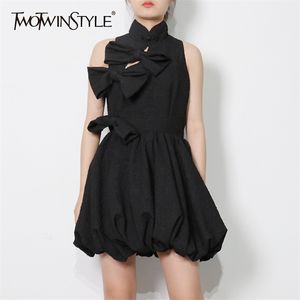 Vestido negro con lazo de retazos para mujer, cuello levantado, sin mangas, cintura alta, ahuecado, vestidos fruncidos, moda femenina 210520