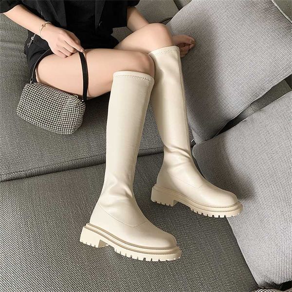 Bottines en cuir verni noir bout rond Beige dames mode hiver longues femmes Botas Mujer 230922