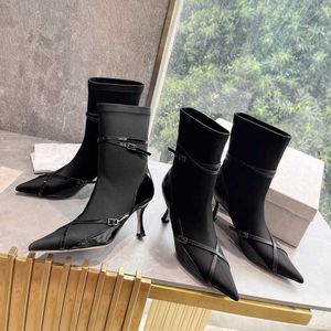 Zwart Patent Leather Matte Cross Mouw Pointed High Heel Shoes Boots Medium Fijne Heel Fashion Boots Banden Belt Elastic Boots 221123