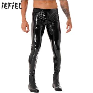 Pantalon collant en cuir verni noir pour hommes motobiker maigre bidirectionnel fermeture éclair entrejambe pantalon mâle moto Leggings 240108