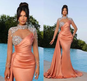 Black Peach Elegant Purple Mermaid Avond Jurken High Neck Sheer Appliques kralen Illusie Illusie Lange mouw plooien Ruches Formele OCN Prom -jurken BC