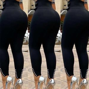 Noir Crayon Pantalon Perle Taille Haute Mince Maigre Streetwear Automne Casual Pantalon D'entraînement Femmes Vente Push Up Leggings D30 211115