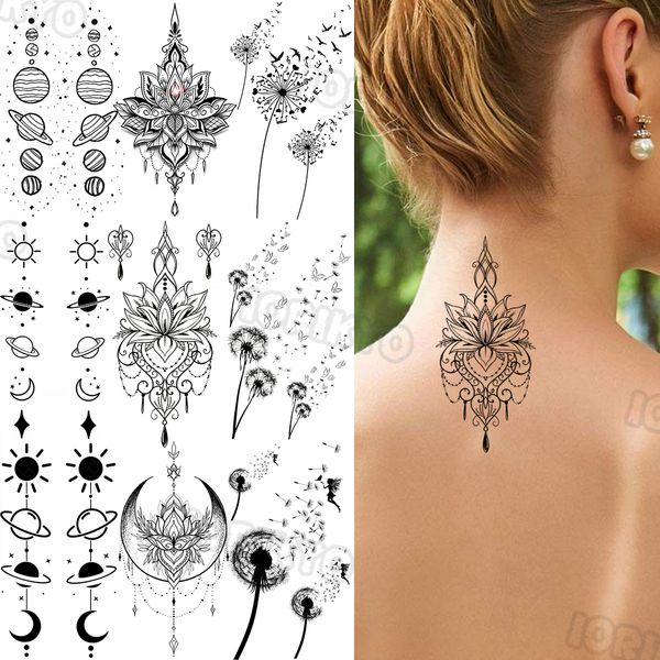 Boceto de lápiz negro Henna Lotus tatuajes temporales para mujeres niñas realista planeta diente de león falso tatuaje pegatina espalda brazo tatuajes