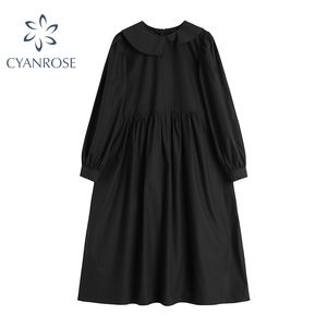 Noir col claudine robe femmes à manches longues surdimensionné coréen Streetwear robes amples Vintage élégant froissé Vestidos 210417