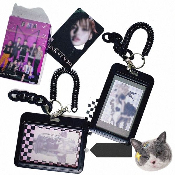 Black Photocard Holder Mini álbum de fotos Bolsas de la escuela Charmón de la tarjeta de la tarjeta del autobús Caso de protección Idol Photocard Keychain Y5XW#