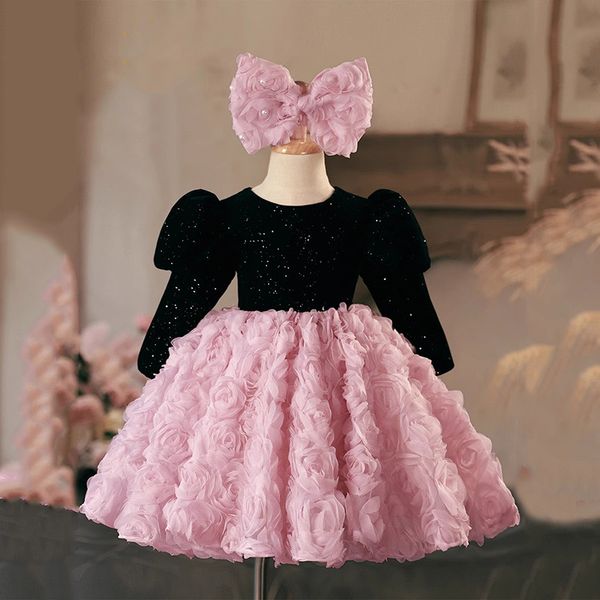 Robes de fille de fleur rose noir pour le mariage d fleurs de rose en dentelle appliquée jupes à plusieurs filles concours de concours