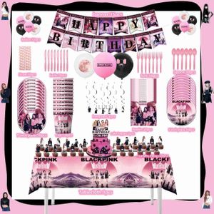Zwart Roze Meisje Ster Groep Verjaardag Decor Wegwerp Servies Set Kpop Favor CakeTopper Tafelkleed Doop Evenement Feestartikelen HKD230825 HKD230825