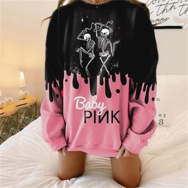 Sudadera con capucha de gran tamaño para niñas traviesas con estampado de calavera divertida con grafiti negro y rosa para mujer, jerséis informales holgados a la moda de otoño 201216