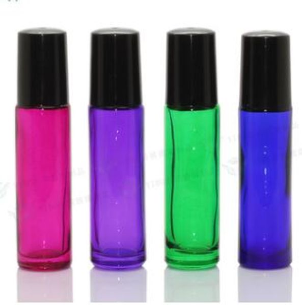 Livraison gratuite noir/rose/vert/violet 10ml bouteilles d'huile essentielle à bille roulante en gros parfum verre rouleau sur bouteille vide