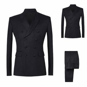 Zwarte Krijtstrepen Mannen Pak 2 Stuks Blazer Broek Double Breasted Piekte Revers Tuxedo Busin Slanke Bruiloft Bruidegom Kostuum Homme 17fn #