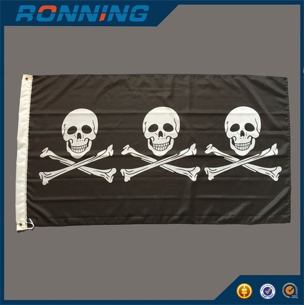 Bannière drapeau pirate noir 90x150 cm, trois crânes humains avec os croisés pour la maison, décoration Marine d'halloween