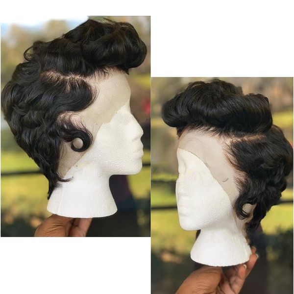 Perruque coupe lutin noire cheveux humains 13x4 courte coupe lutin dentelle avant perruques de cheveux humains pas cher Transparent preplcuked Bob perruques pour les femmes