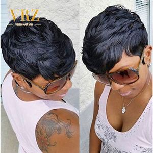 Perruque Lace Front Wig naturelle brésilienne, cheveux humains, coupe Pixie noire, courte, ondulée, pour femmes