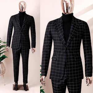 Black Plaid Men's Wedding Cost Paped Apel Slim Fit Tuxedos Groom Wear Party Party 2 Pieces Jacket With Pantal