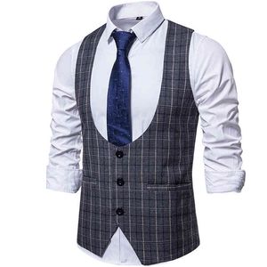 Zwart Plaid Mens Vaillon Formele Zakelijke Werk Causaal Slank Fit Vest voor Heren U-hals Retro Gentlemen Mannen Pak Vest Bruiloft Gilet 210524