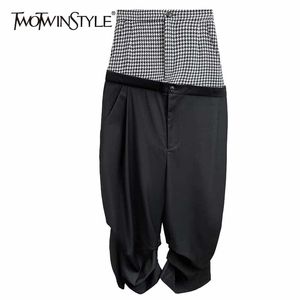 Zwarte plaid patchwork broek voor vrouwen hoge taille hit kleur geplooide losse broek vrouwtjes mode kleding stijlvolle 210521