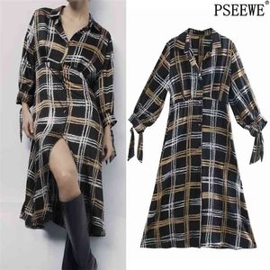 Chemise à carreaux noire robe longue femmes automne nœud papillon manches bouffantes Midi femme Vintage bouton décontracté es 210519