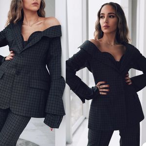 Trajes de pantalón de boda a cuadros negros para mujer, 2 piezas, fiesta de noche para mujer, graduación, Blazer diario, esmoquin, ropa Formal, trajes (chaqueta + pantalones)