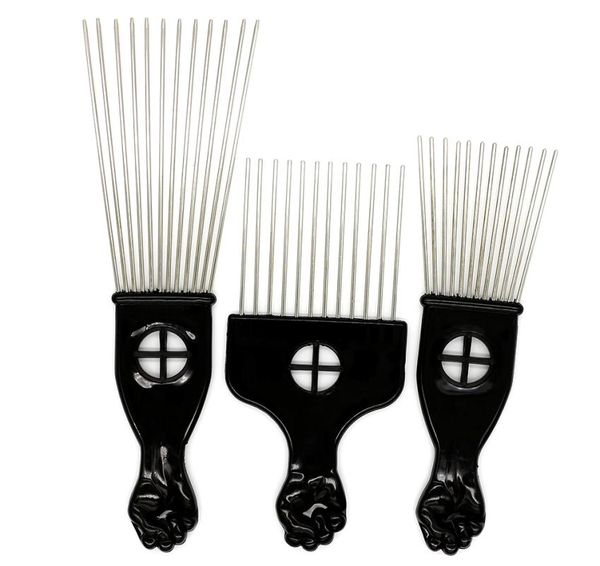 Poignée de poing en plastique noir, brosse Afro en acier inoxydable, dents larges en métal, peigne Afro avec poing 1336374