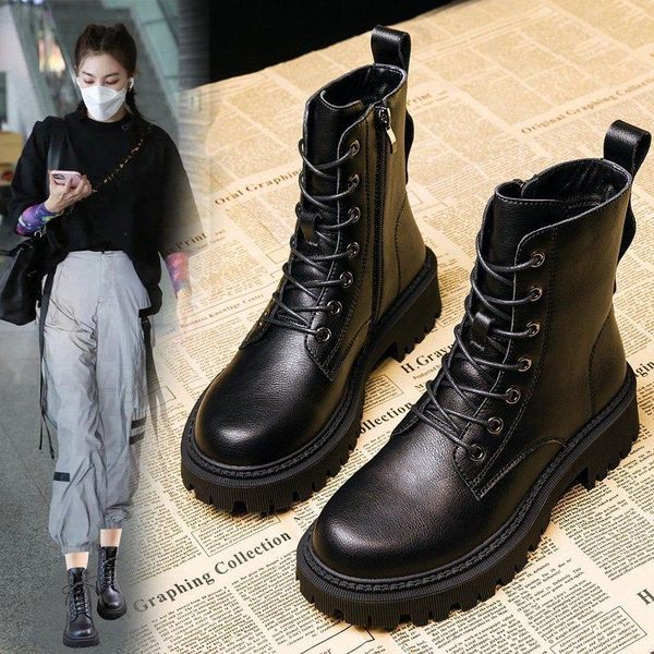 Bottes De Combat à plateforme noire pour femmes, chaussures à lacets avec sangle à boucle, motard d'hiver, Botas De Invierno Para Mujer 571