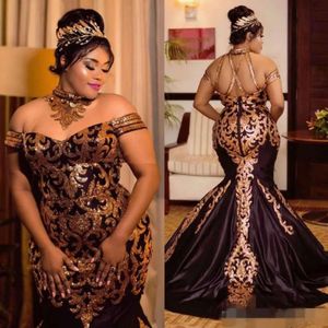 Zwart plus size avond elegante jurken zeemeermin van de schouder criss kruisbanden terug gouden sprankelende pailletten prom feest formele jurken