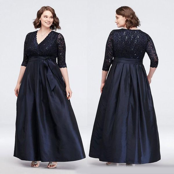 Robes de mère de mariée en dentelle noire grande taille avec manches longues col en V paillettes robe d'invité de mariage longueur cheville robes de soirée en taffetas