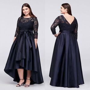 Zwart plus size moeder van bruid jurken kanten appliques pailletten sexy v back high low met sjerp boog bruiloft gastenjurken avond