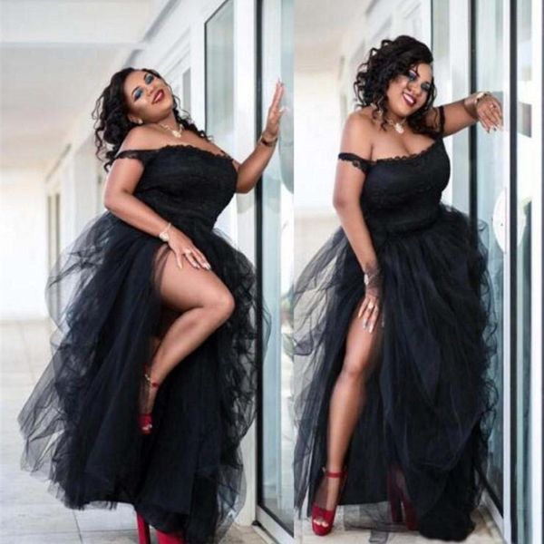 Black Plus Size Robes de bal côté latérale divisée tutu tulle hors de l'épaule robes de fête bon marché Femmes Formelles Wear Sexy Robes de soirée africaine SD 314T