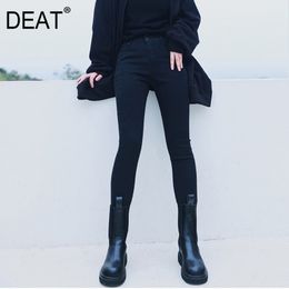 Jeans noirs en peluche taille haute de couleur unie pour femmes, pantalons extensibles, streetwear pour femmes, centre commercial Goth Spring GX585 210421