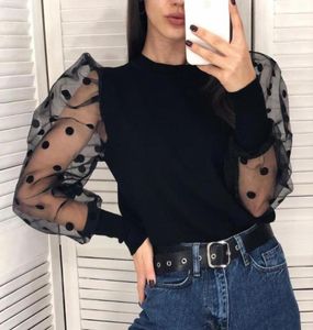 Blusa negra de manga larga abullonada con lunares para mujer, tops tejidos elegantes de otoño e invierno, tops ajustados blancos para fiesta y discoteca para mujer, Blusas 20208751138