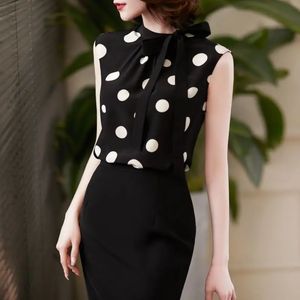 Zwart polka stip vest tops dames zomer mouwloze boog losse shirts temperament elegante vrouwen kleding 240329