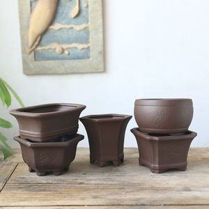 Black Pottery Earthen Burn Ceramic Crafts Flowerpot Plum Orchid Bamboo Chrysanthemum Succulent Plant Pot Breathable Vase Decor C0125