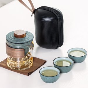Poterie noire un pot 3 tasses ensemble portable voyage bureau à domicile tasse en céramique thé café récipient avec sac