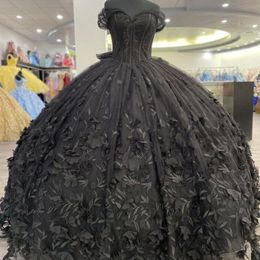 Vestido De fiesta De flores De princesa negra, Vestidos De quinceañera, apliques con hombros descubiertos, dulce vestido De 16, Vestidos De 15 Anos con cordones