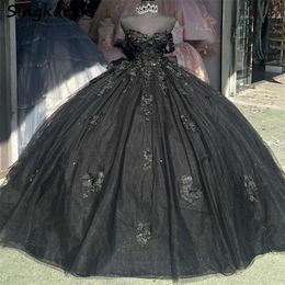 Black Princess Off Shoulder Ball Jurk Quinceanera -jurken met boog kralen kristallen Bloemappliques Verjaardagsfeestje Zoet 16 jurk