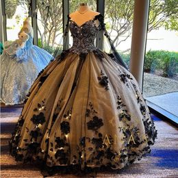 Robe princesse noire Quinceanera, robe De bal, avec des Appliques en dentelle, douce 16 ans, 2023