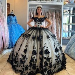 Vestidos de quinceañera de princesa negra, corsé con cordones y hombros descubiertos, vestido dulce de 16, apliques de flores en 3D, vestidos de cristal de 15 anos